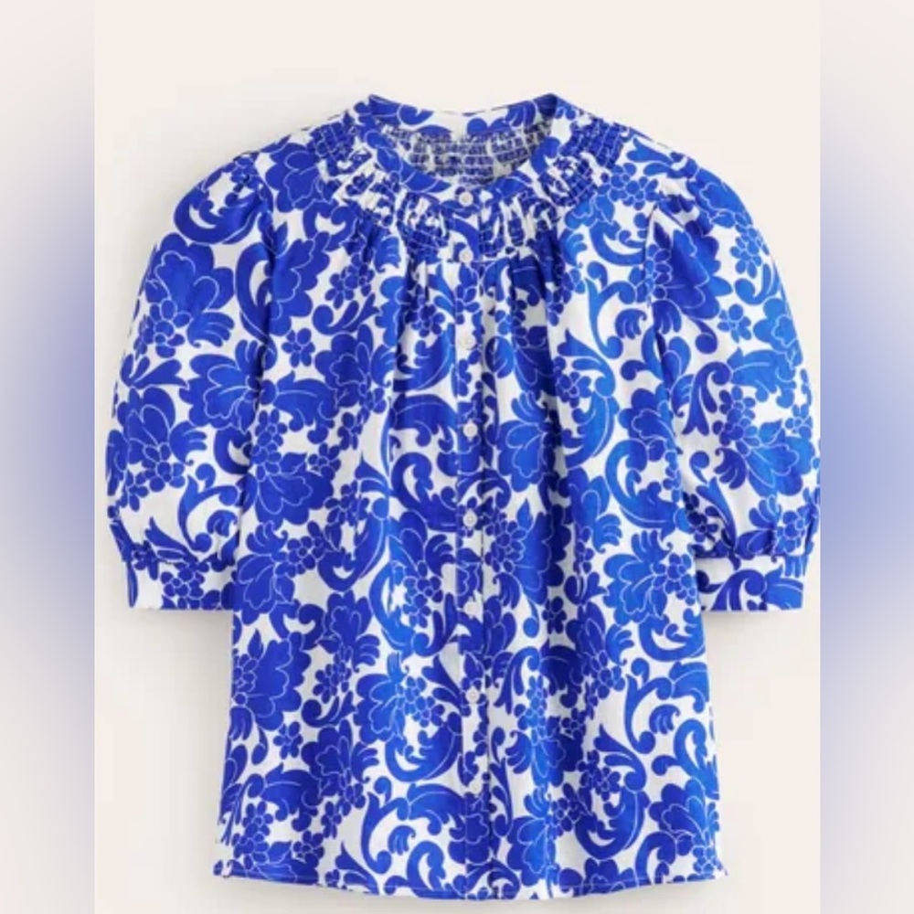 Boden Blue and White Floral Puff-Sleeve Top